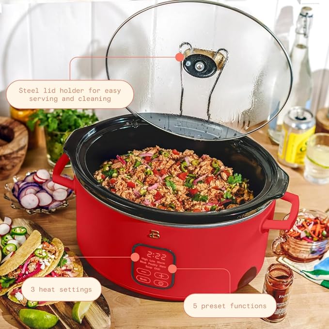Beautiful 6 Quart Programmable Slow Cooker by Drew Barrymore ??Large Capacity, Ceramic Removable Pot, Tempered Glass Lid, Dishwasher Safe, Auto Keep Warm (Tomato Red)