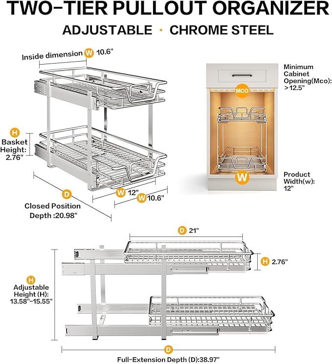 2p慣ck 2-Tier Kitchen Cabinet Pull Out Shelf and Drawer Organizer Slide Out Pantry Storaqe Basket in Multiple Sizes (2x(12" W x 18" D))