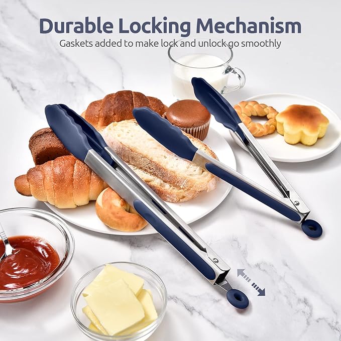 600쨘F Heat Resistant Kitchen Tongs: U-Taste 9+12 inch Silicone Cooking Tong Set with Firm Sealed Non Stick Rubber Tips and Silicon Coated 18/8 Stainless Steel Handle for Serving Grilling-Midnight Blue