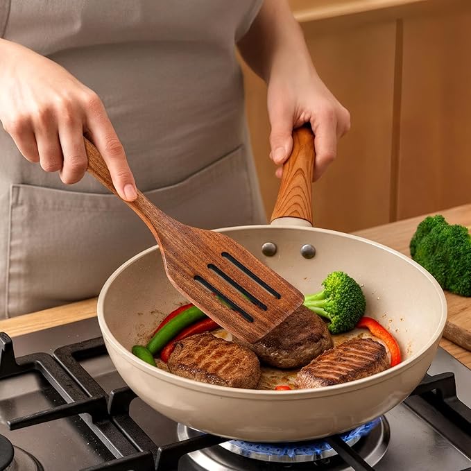 Wooden Spoons for Cooking, 12 Pcs Nonstick Wooden Cooking Utensils Set with Comfort Grip ??100% Natural Teak Wood - Sturdy, Lightweight & Heat Resistant Kitchen Utensils