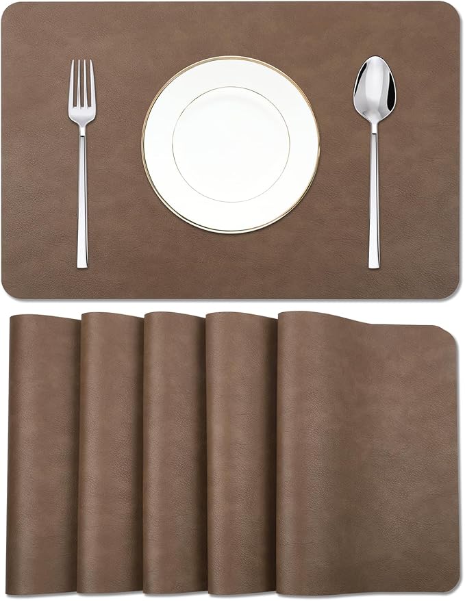 EDanle Cowhide Pattern Faux Leather Placemats Set of 6,Heat Resistant Non-Slip Waterproof Wipeable Washable Kitchen Dining PU Table Place Mats,Double-Sides Available,Dark Brown