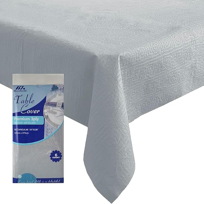 [6 Pack] Silver Paper Tablecloth Disposable for Rectangle Tables, 54 X 108 Inch Party Table Cover with Plastic Backing, Waterproof 3 Ply Table Cloth for Wedding Banquet Birthday