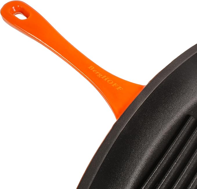 BergHOFF Neo 3Pc Enameled Cast Iron Cookware Set, Fry Pan 10 inches, Grill Pan 11 inches, Slotted Steak Press, Fast, Evenly Heat, Oven safe (Orange)