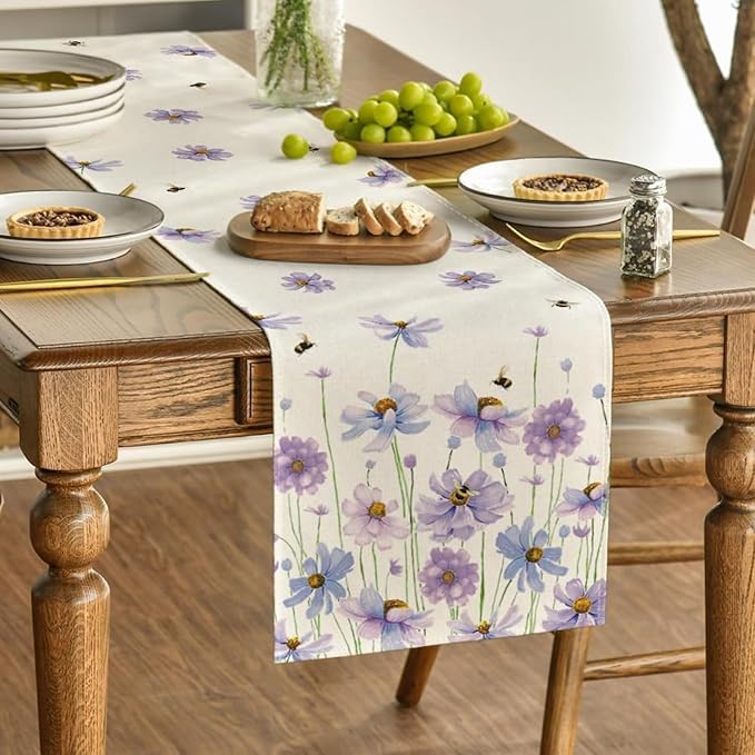 ZCHOMI Spring Purple Floral Table Runner 13x72 Inch Watercolor Flowers Seasonal Kitchen Dinning Table Decoration for Indoor Outdoor Home Party D챕cor