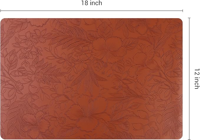 DRMHM Set of 6 Faux Leather Flower Placemats for Kitchen Dining Table Decor, Washable Table Placemats Wipeable Table Mat 18 * 12in Brown