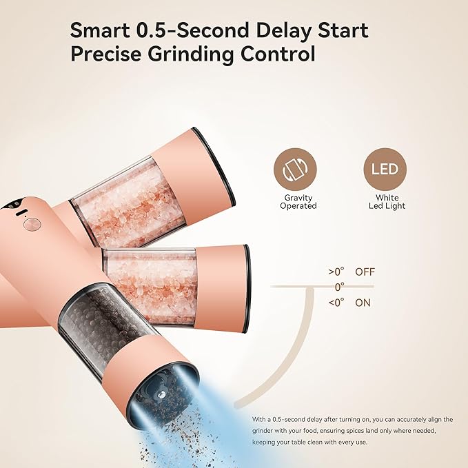 Gravity Electric Salt and Pepper Grinder Set with USB-C Charging Base,Rechargeable Automatic Stainless Steel Pepper Mill Grinder with LED Light, 2pack+Peach Orange (Peach Orange)