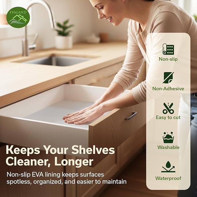 EVALAND Shelf Liners for Kitchen Cabinets Non-Adhesive 21.6" x 20 FT Clear Drawer Liner Non Slip, Washable Cabinet Liner, Waterproof Shelf Liners for Cabinets, Refrigerator Bathroom Pantry Cabinet Mat