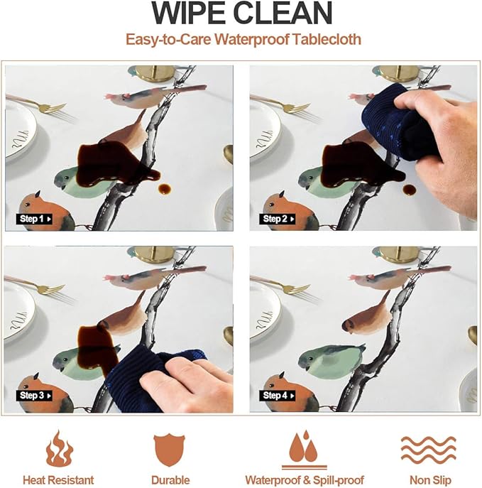 LOHASCASA Farmhouse PVC Tablecloth Spill Proof Plastic Oilcloth Vinyl Washable Wipeable Water Resistant Modern Large Oblong Tablecloth Protector Patio Fall 8ft White Bird 54x84 Inch