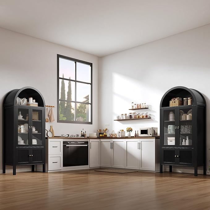 DWVO 71" Tall Arched Cabinet Kitchen Pantry with LED Light/Wood Kitchen Storage Cabinets with Tempered Glass Doors and Adjustable Shelves/Bookcase Cabinet with Storage for Dining Room-Black