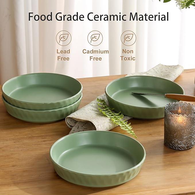 Dinner Plates Set of 4, 8 Inch Ceramic Salad Plates With High Rim for Pasta, Salad, Steak and Main Course, Microwave, Oven and Dishwasher Safe - Green