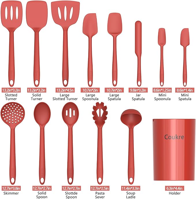 Coukre Silicone Kitchen Cooking Utensils Set with Holder ??Heat-Resistant, Food-Grade Kitchen Tools, Spatula, Spoon & Gadgets for Non-Stick Pans, Dishwasher Safe (14, PureRed)