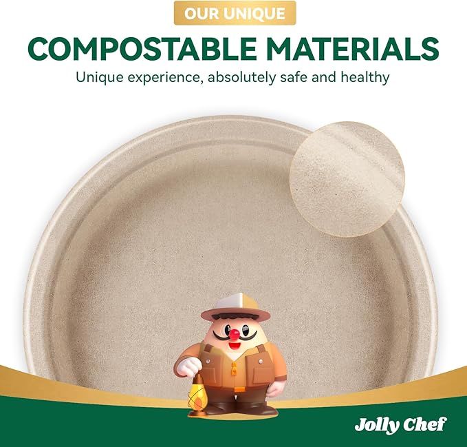 JOLLY CHEF Compostable Heavy Duty Plates ?윮?윭 ?뿙?뿻?뿰?뿵 [?윮?윶?윭 ?뿣?뿮?뿰?뿸] Eco-Friendly Disposable Natural Paper Plates Bagasse Biodegradable Bulk for Party Dinner Thanksgiving Day (Brown)