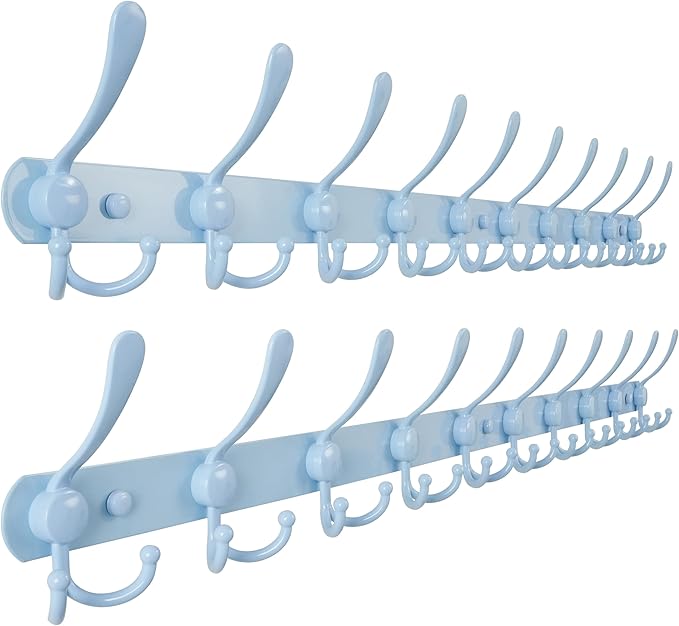 Dseap Coat Rack Wall Mount - 38??Long 10-Tri-Hooks Heavy Duty Coat Hanger Rail Wall Hooks for Hanging Coats Hats Clothing Clothes Purse Mudroom Entryway, Blue, Pack of 2