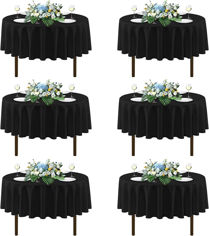 sancua 70 Inch Round Tablecloths Black, 6 Pack - Circle Fabric Cloth Table Cloths for Wedding Party Reception Banquet Birthday, Washable Polyester Table Cover (Fit 20-58 Inch Tables)