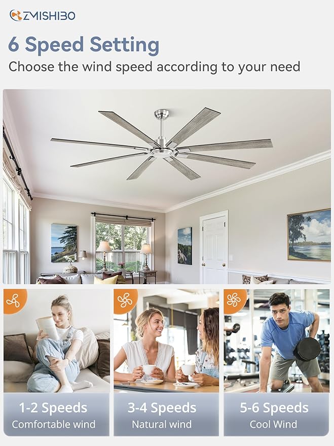 80 Inch Ceiling Fan No Light with Remote Control, 8 Blades Quiet DC Reversible Motor, 6-Speed, Timer, Brushed Nickel Finish, Indoor Outdoor Ceiling Fans for Patios, Living Room, Garage
