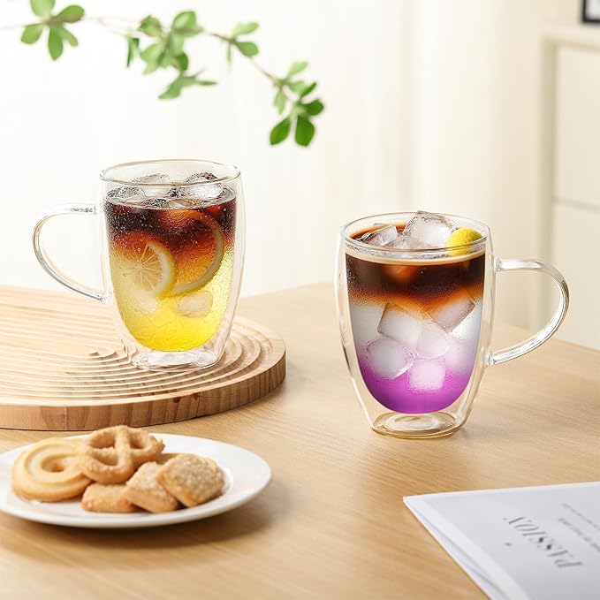 Aurzen Double Wall Glass Coffee Mug, 12oz Clear Latte Mug with Handles, Clear Cups for Tea, Beverages,Expresso, Juice, Milk Microwave Safe Set of 4