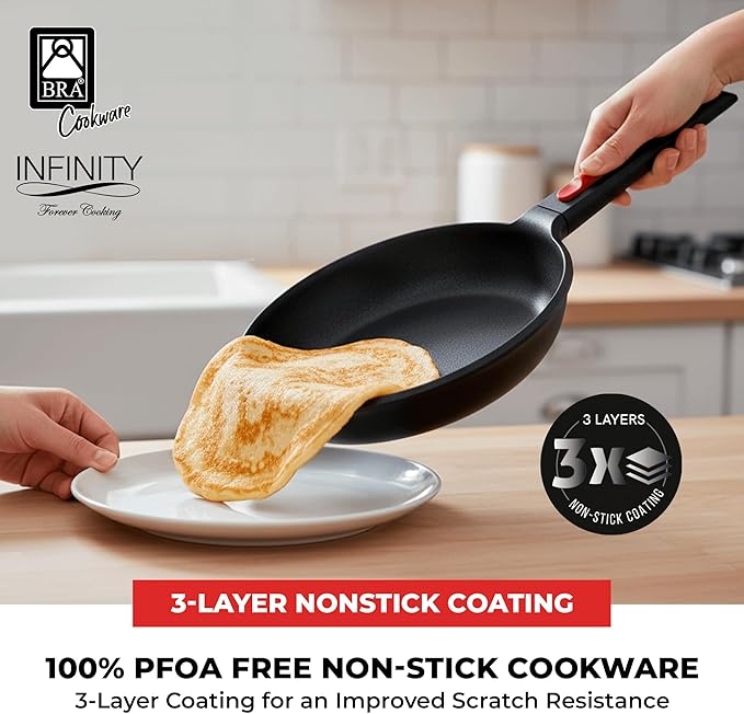 BRA COOKWARE Infinity 3-Piece Nonstick Frying Pan Set | 8, 9.5 & 11 Inch Cast Aluminum Skillet Set | PFOA/PFAS Free Fry Pans | All Cooktops incl. Induction | Oven Safe Searing Skillets
