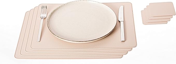Nikalaz Set of Small 4 Table Mats and 4 Coasters, Recycled Leather, Place Mats 15.7'' x 11.8'' and Coasters 3.9'' x 3.9'' (Creamy White with Light Pink Nuance)
