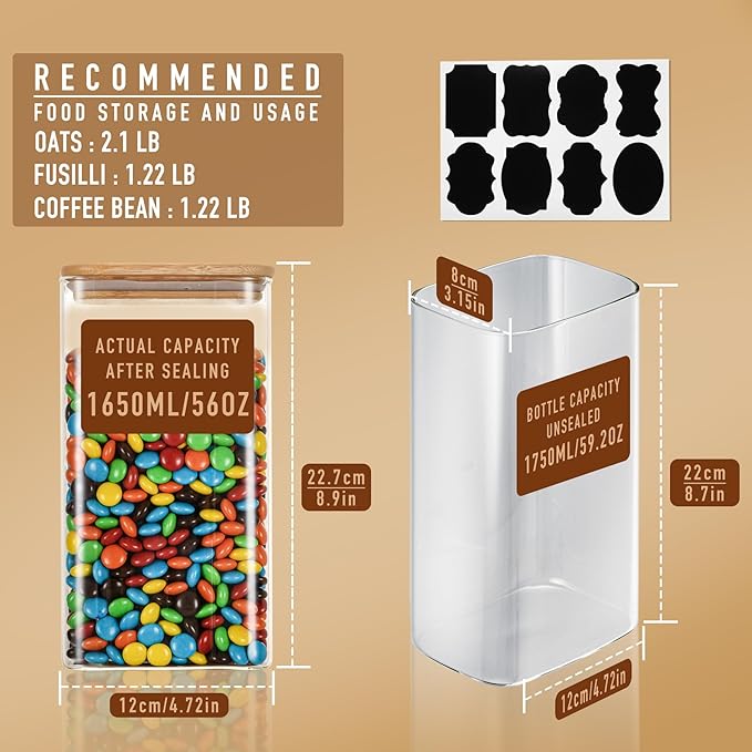 56oz Rectangle Airtight Glass Storage Containers with Bamboo Lids (Set of 3), Square Food Storage Jar, Pantry Organizers for Oats, Cereal, Pasta and Coffee beans (?럚ith Black Lable)