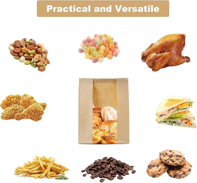 100 Pack Reusable Bread Bags with Tin Strip, Large Bakery Bags with Window, Beige, Kraft Paper with Polyethylene interior, Twist Tie Closure, Ideal for Homemade Bread, Sourdough, and More