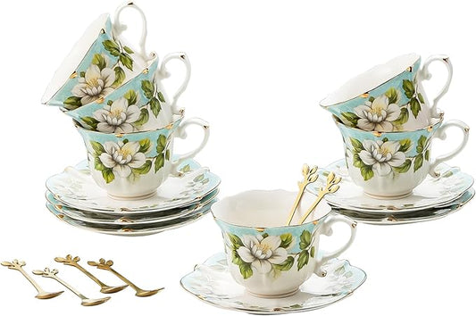 TATSUMI Country Roses 18 Peices Bone China Tea Cup And Saucer Set, English Vintage Tea Cups Of 6 For Women And Tea Party Sets(Light Green, 6 sets)