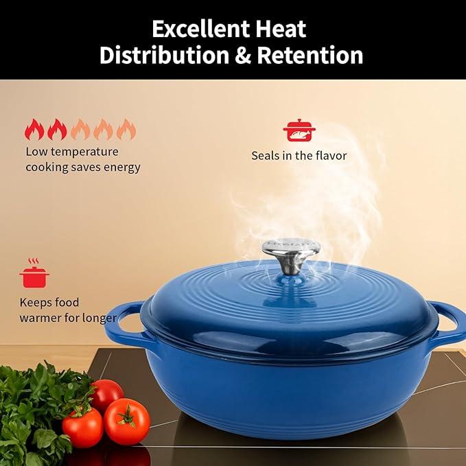 Enameled Cast Iron Dutch Oven Pot with Lid, 3 Quart Shallow Dutch Oven, Oven Safe up to 500째 F, Suitable for Bread Baking, Braising, Roasting, Stews, Blue