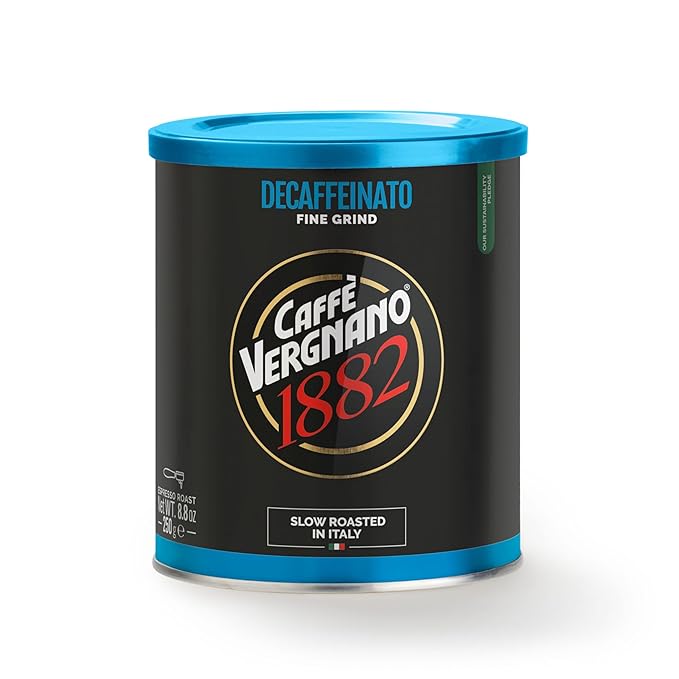 Caff챔 Vergnano Italian Finely Ground Decaf Coffee ??100% Arabica for Moka, Intensity Level 6 ??Rich, Full Flavor Without Caffeine, Notes of Dried Fruit, Cocoa & Caramel - 8.82 oz Tin
