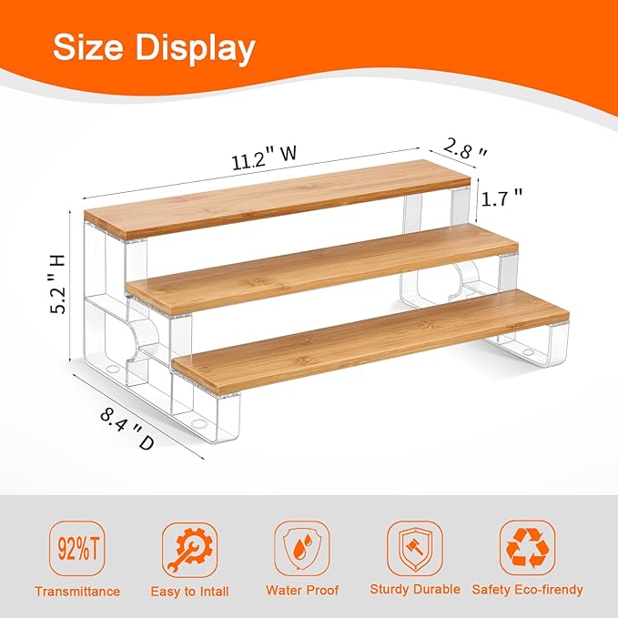 junyuan Spice Rack Organizer for Cabinet,3 Tier Spice Organization for Kitchen,Bathroom Organizers and Storage,Seasoning Countertop Shelf,Bamboo Display Shelves Racks,Clear 11.2"