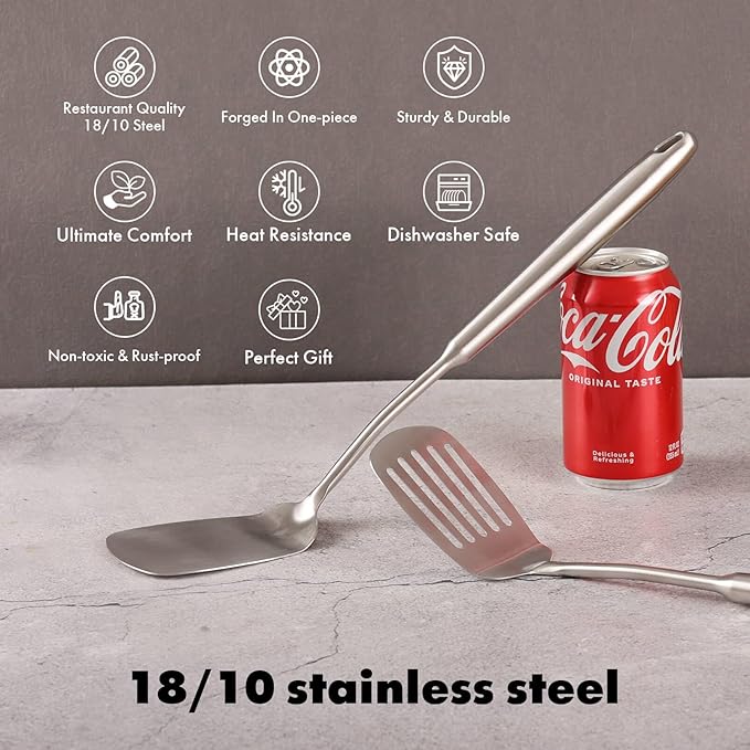 18/10 Stainless Steel Spatulas Set - All Metal Spatulas for Kitchen Use or Outdoor Grilling, 14.7??Long, Non Toxic, Heavy Duty, Commercial, Chef Grade - 1 Slotted Spatula + 1 Solid Turner for Cooking