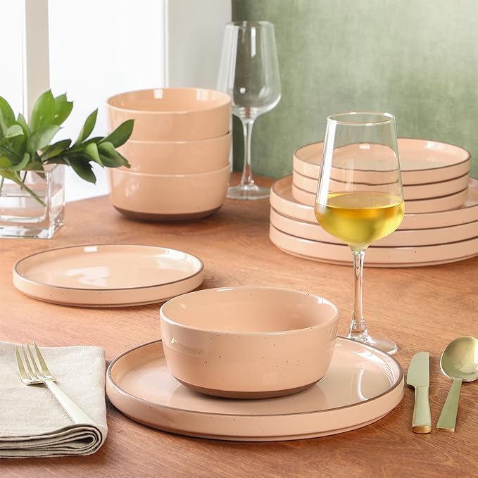 Gibson Elite Northrock Stoneware Dinnerware Set, 12-Piece Service for 4 Plates and Bowls Set ??Pink Dishes with Hand-Painted Terracotta Base