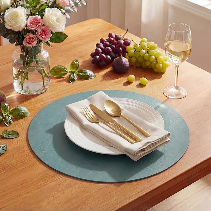 Artoid Mode Blue Faux Leather Placemats Set of 4, 15 Inch Waterproof Wipeable Heat Resistant Place Mats, Reversible Table Mats for Winter Kitchen Dining Decor
