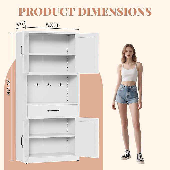 72" Tall White Steel Kitchen Pantry Storage Cabinet with Large Countertop and Adjustable Shelves, Metal Farmhouse Cabinets for Living Room, Bathroom, Heavy Duty Rustic Pantry