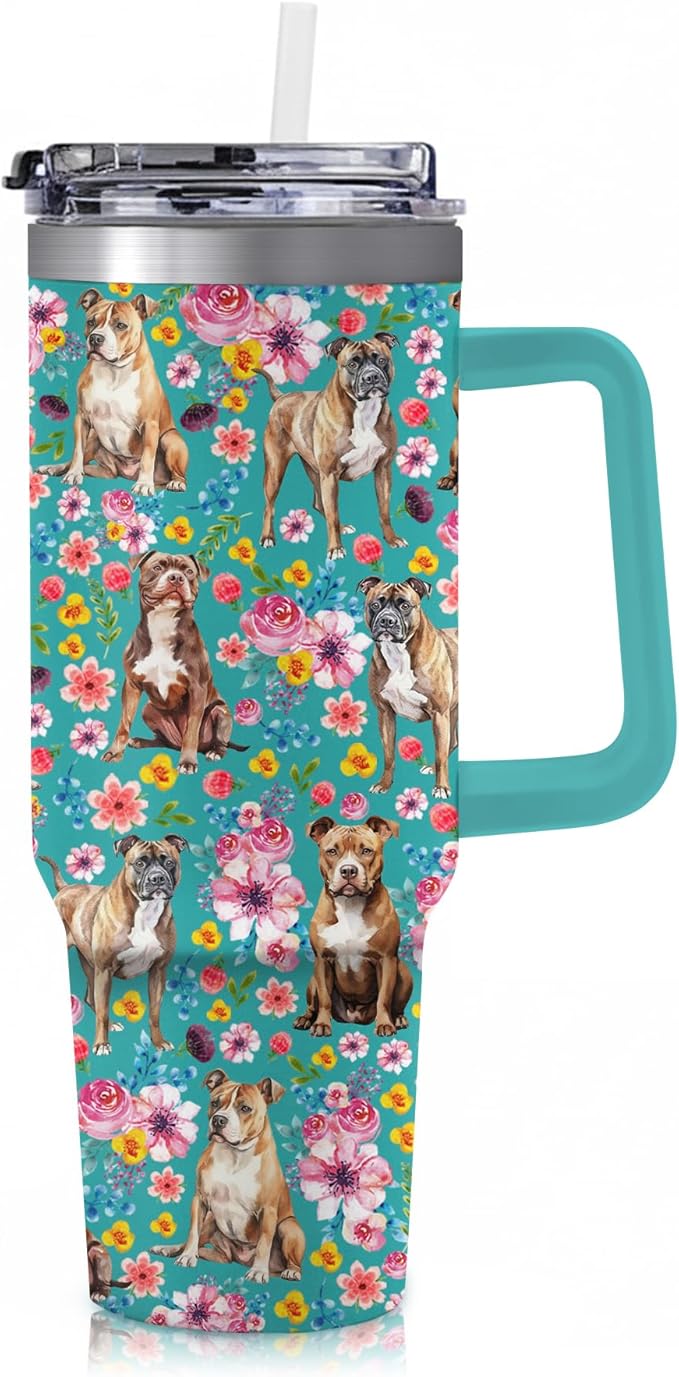 Yogusut Pitbull Gifts for Women, 40oz Stainless Steel Insulated Tumbler Travel Mug Cup with Handle Straw, Gifts for Dog Mom Dog Lover