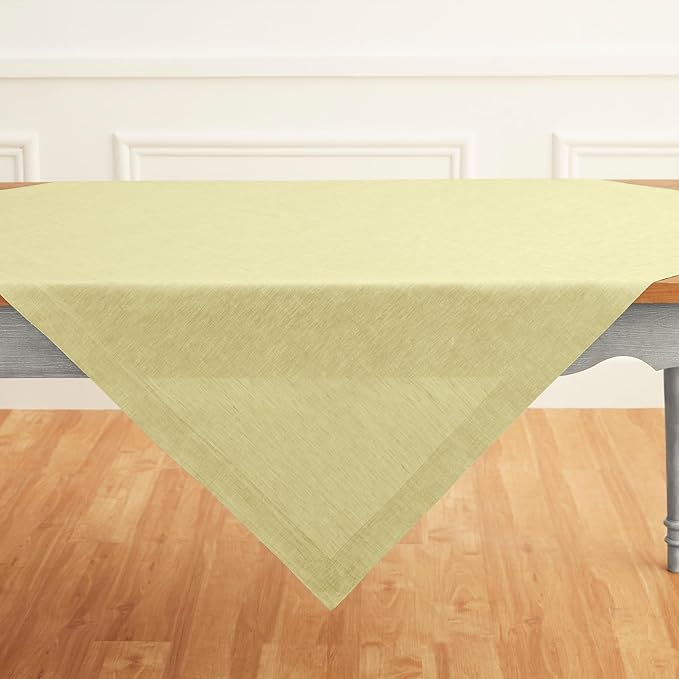 Solino Home Linen Tablecloth 52 x 52 Inch - 100% Pure Linen Square Table Throw - Athena, Machine Washable Chambray Yellow Tablecloth for Spring, Easter