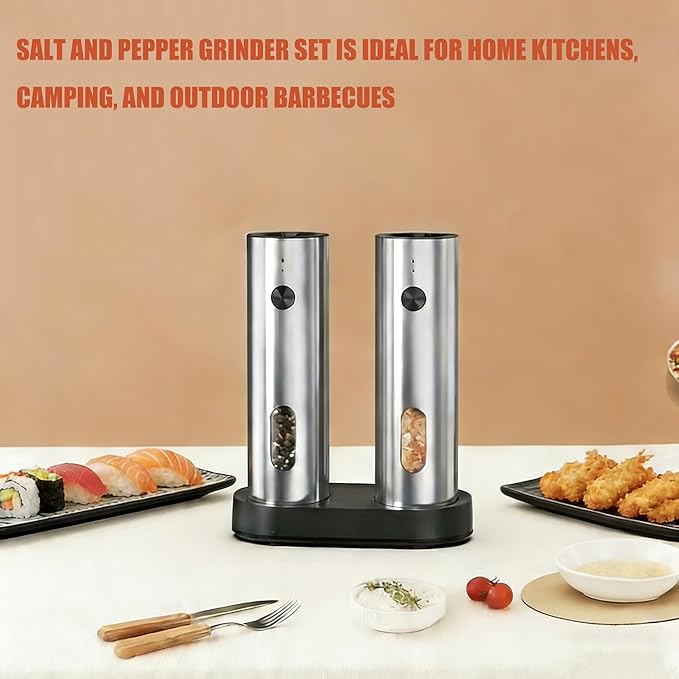 Electric Salt and Pepper Grinder Set, Rechargeable Stainless Steel with USB-C Dual Charging Base, Upgraded Large Capacity, Adjustable Coarseness & Bright LED Light, Kitchen Essentials