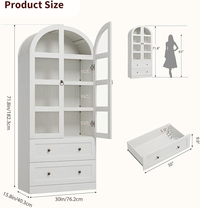 CABIHOME 72" Tall Arched Kitchen Pantry Cabinet, Freestanding Farmhouse Storage Cupboard with Doors, Drawers & Shelves, Versatile Wooden Organizer for Dining Room, Living Room, White