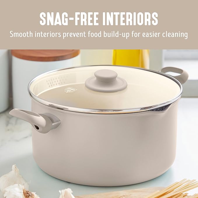 GreenLife 6QT Ceramic Nonstick Stockpot with Glass Straining Lid, PFAS-Free, Dishwasher Safe, Stay-Cool Handles, Oven Safe to 350째F, Wobble-Free Base, Even Heating, Taupe