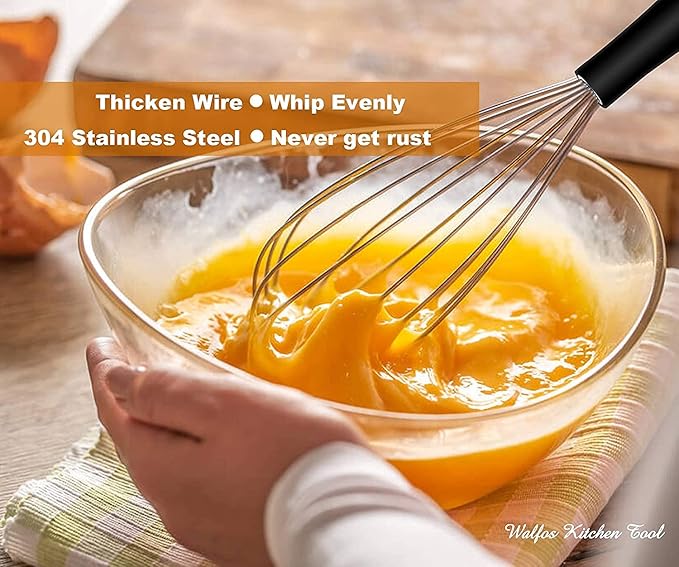 Walfos Whisk,Whisks for cooking set, 304 Stainless steel Whisks,Heat Resistant 600째F.Perfect for Blending Beating Stirring - 11inFlat Whisk and 7+9+11in Balloon Whisk