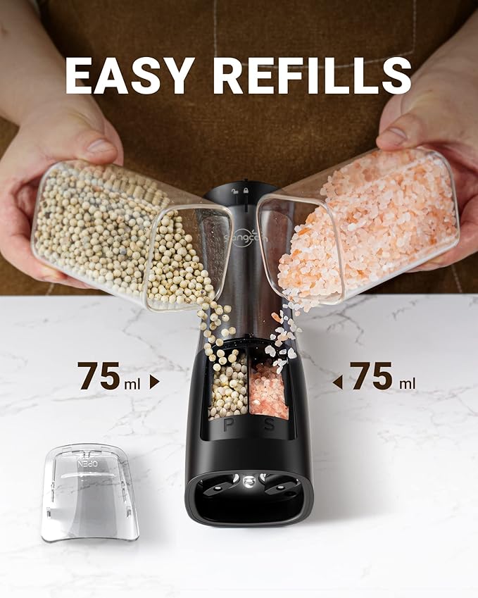 Sangcon Electric Salt and Pepper Grinder Set Shaker 2 IN 1 - Automatic Salt and Pepper Grinder Mill, Battery Powered One-Handed Operation Refillable with Light Dual Ceramic Mill