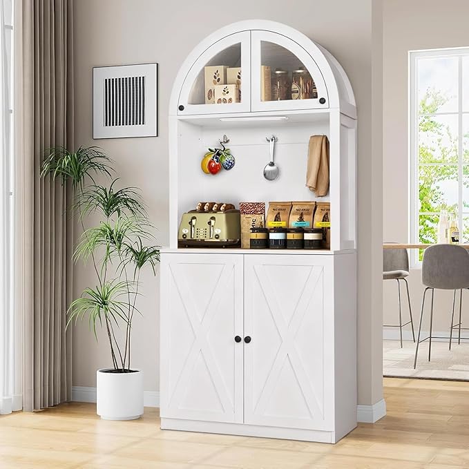71" Tall Arched Kitchen Pantry Cabinet, Farmhouse Storage Cabinet with LED Light, Adjustable Shelves & Glass Door, Versatile Cupboard for Kitchen, Dining Room, Bathroom