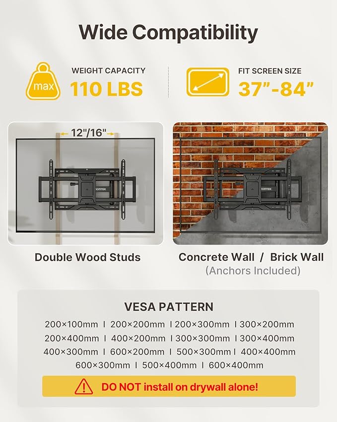 monTEK Full Motion TV Wall Mount for 37-84 Inch TVs, TV Mount Bracket with Articulating Arms, Tool-Free Tilt & Swivel, Extension, Max VESA 600x400mm, Fits 12??16" Wood Studs, Up to 110lbs, 4X Tested