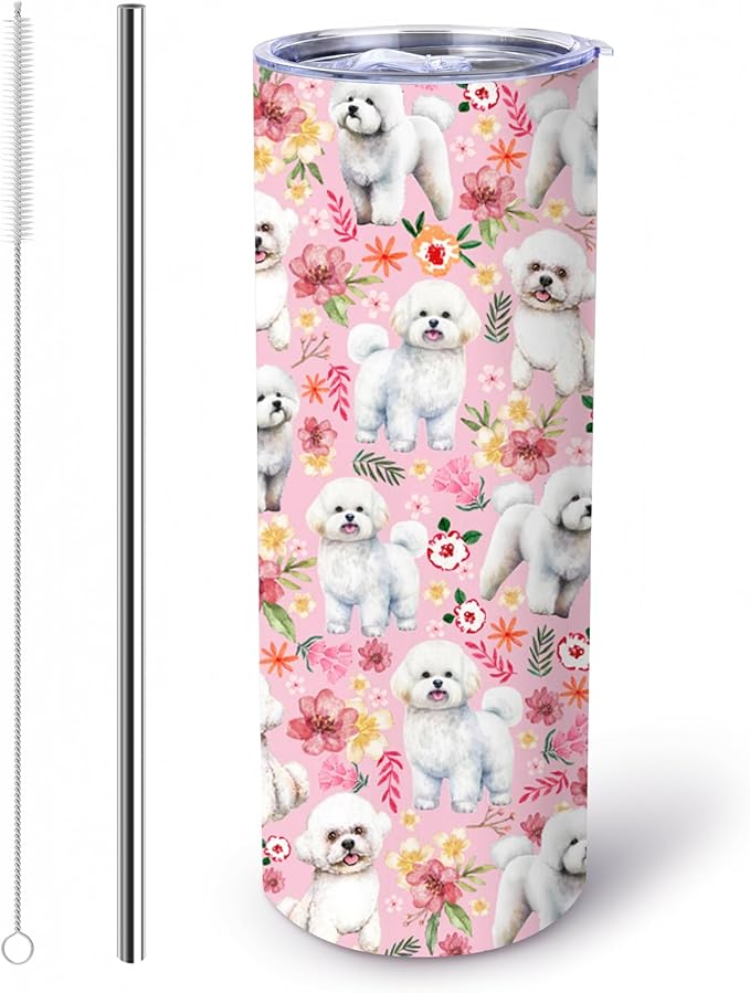 Yogusut Bichon Frise Gifts for Women, 20oz Stainless Steel Insulated Tumbler Travel Mug Cup with Lid Straw Brush, Gifts for Dog Mom Dog Lover