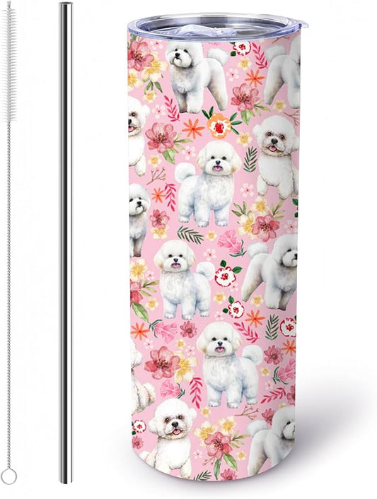 Yogusut Bichon Frise Gifts for Women, 20oz Stainless Steel Insulated Tumbler Travel Mug Cup with Lid Straw Brush, Gifts for Dog Mom Dog Lover