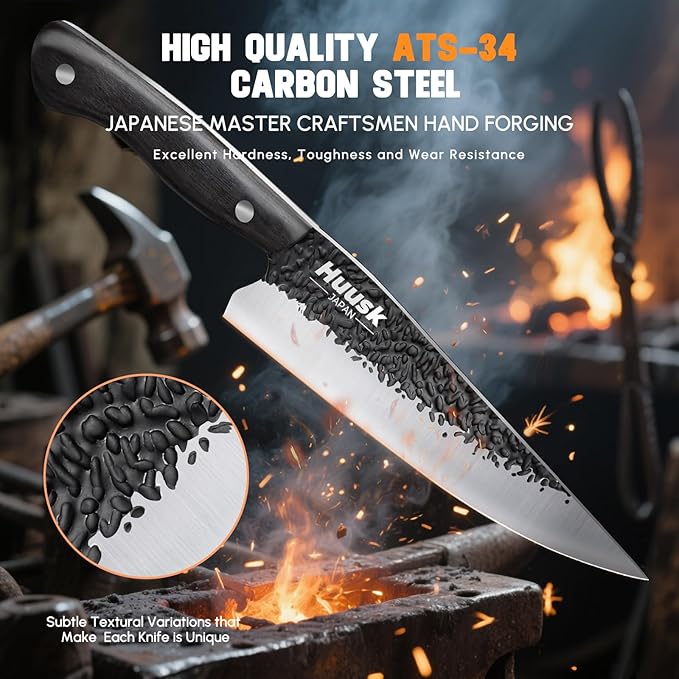 Huusk Chef Knife Japanese Kitchen - Hand Forged Viking Knife for Meat Cutting - Ideal Kitchen Knife Made From a Single Piece of High Carbon Steel Christmas Gift for Men and Women