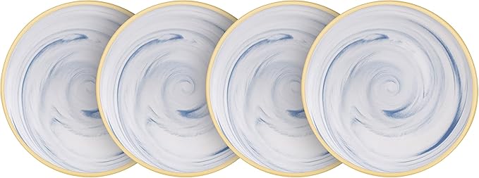 20 Piece Plates and Bowls Sets, Fine China Artisan Marbled Dinner Set for 4, Dishwahser Safe, Scratch Resistant, Blue with Gold Line