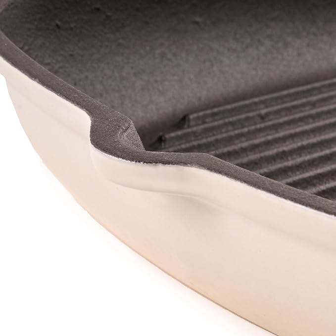 BergHOFF Neo 3Pc Enameled Cast Iron Cookware Set, Fry Pan 10 inches, Grill Pan 11 inches, Slotted Steak Press, Fast, Evenly Heat, Oven safe (Meringue)