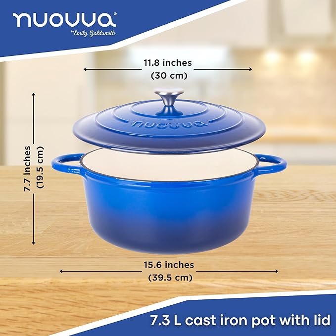 Cast Iron Dutch Oven with Lid ??Non-Stick Ovenproof Enamelled Casserole Pot ??Sturdy Dutch Oven Cookware ??Dark Blue, 7.3-Quart, 30cm ??by Nuovva