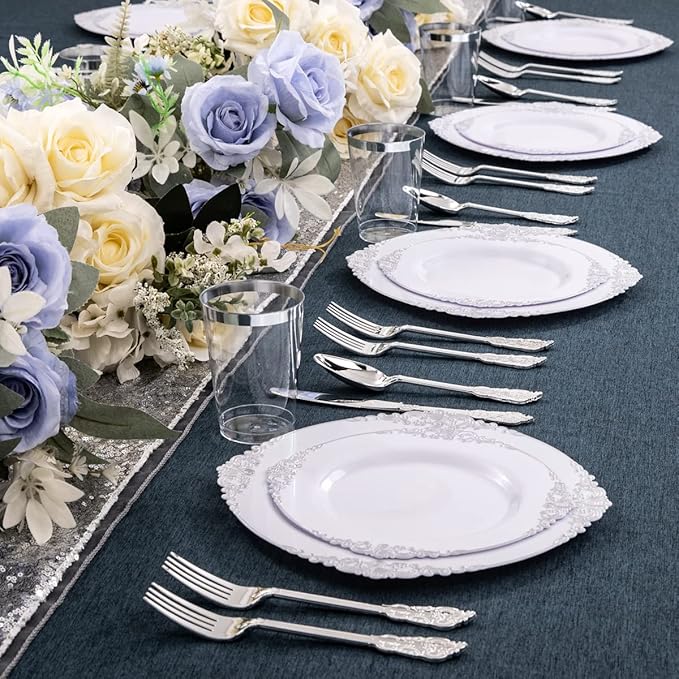 Hioasis 100pcs White Silver Plastic Plates for Party - 7.5" Dinner Plates Disposable, Heavy -duty, Classy and Elegant for New Year