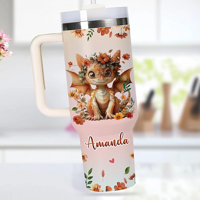 AGGLOMEKC Personalized Cute Dragon Cup - Mother's Day Birthday Gift For Animal Lovers - Just A Girl Who Loves Dragon Tumbler 40oz With Custom Name - Pet Lover Gifts For Women, Her