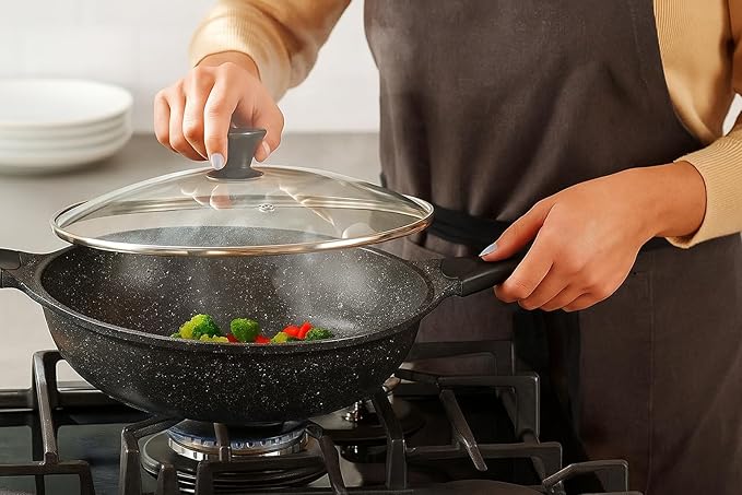 Non stick Marble Coated Two Handle Wok Pan with Lid 36cm, Black, HKA-147